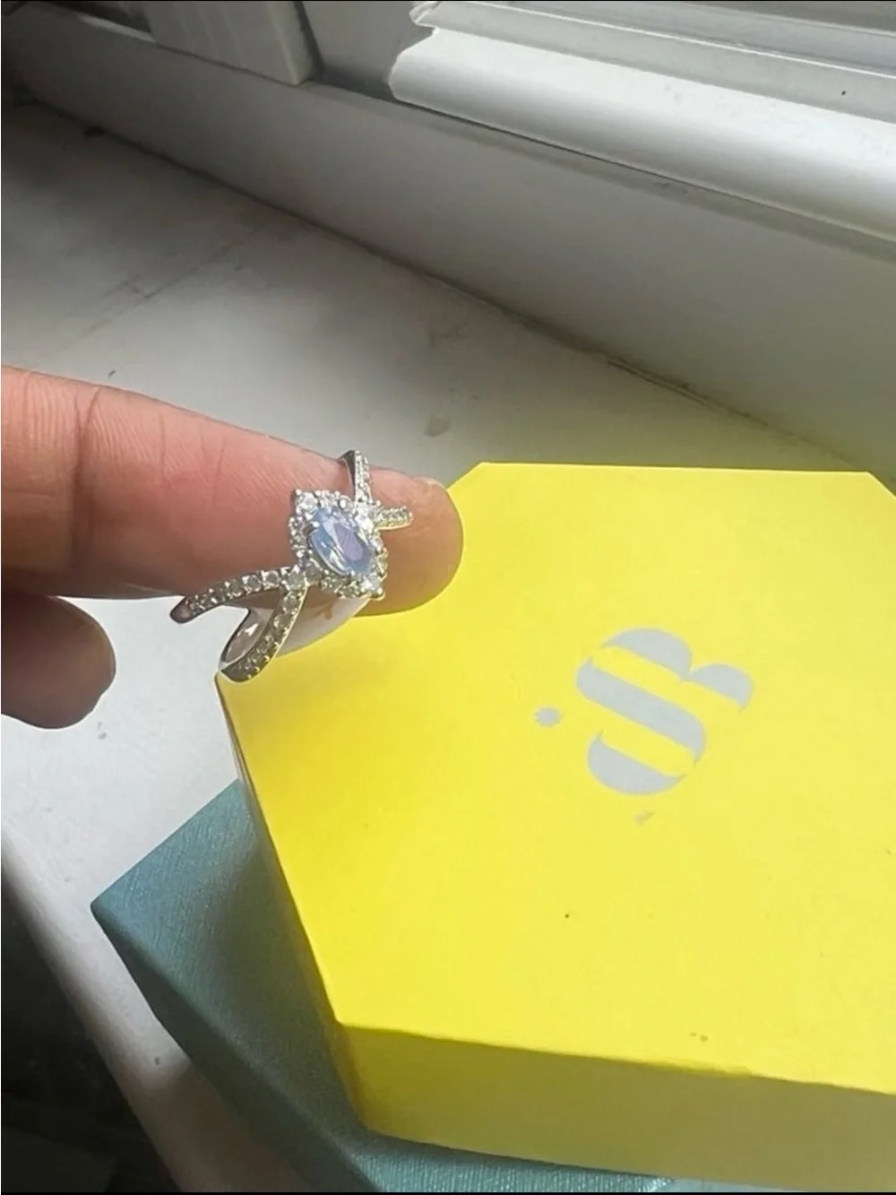 Bomb party glamorous  galaxy lab created blue chalcedony rhodium-plating ring - Picture 9 of 12